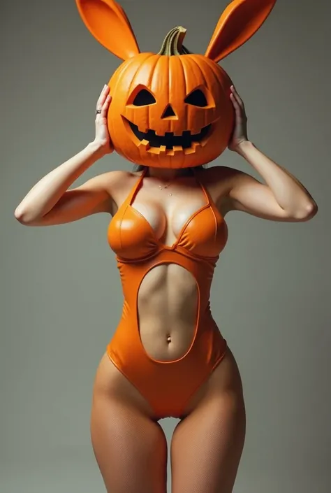 A woman in a sexy anime rabbit costume,  with rectangular and square leg meshes and he holds his hands on his pumpkin head, And the costume is from the legs to the woman's chest, She has a pumpkin head, And it has no face, Just a pumpkin head, Neither do r...