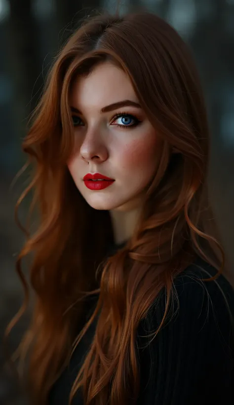 at night, nocturnal , a young woman, oval face,  the almond-shaped eyes have a slightly oval shape with gently pointed ends, Furthermore,  the long and dark lashes ,   the nose is of the straight type with a smooth nasal bridge and without sharp curvatures...