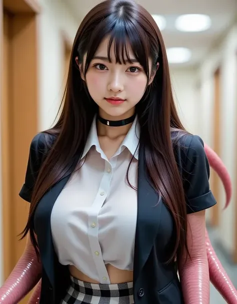 A realistic photo of a beautiful woman with long, silky brown hair and bangs, wearing a Halloween costume that features a sleek black blazer over a crisp white shirt, and a fitted checkered skirt. She is also wearing a black choker around her neck. Her rig...