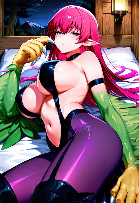 1girls:1.2, solo, harpie lady one, harpy, big large breasts,navel,looking at viewer, large breasts, animal hands, purple pantyhose, black revealing clothes, from side, from below, pink hair, long hair, 3fingers, green winged arms,
masterpiece, best quality...