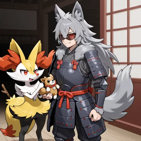 Semi-human werewolf puppy gray hair,  smile,  red eyes, Japanese gray armor with shades of red ,  wolf ears, giving a stuffed wolf to a Pokémon Braixen, Back background of a Japanese temple