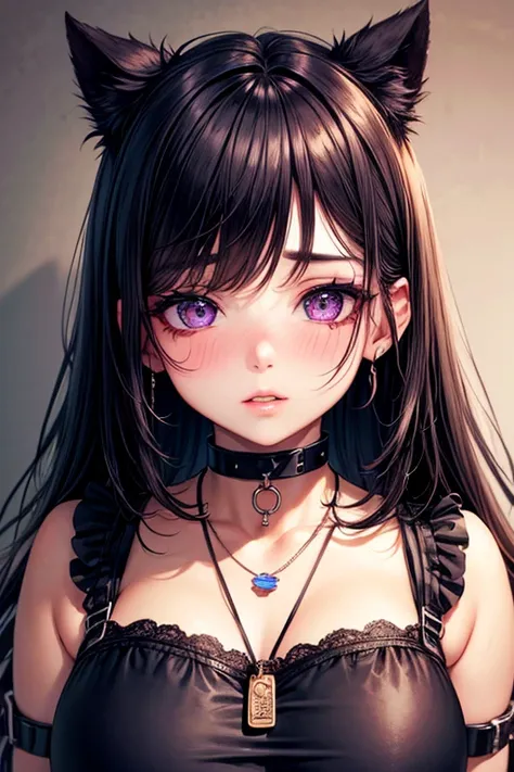 Short, chubby, overweight girl, rotund, big eyes, long straight black hair, pretty face, full lips, blushing, shy, choker, pendant, dark mascara, heavy purple eyeshadow, scar under left eye, large heavy natural breasts, BDSM harness, collar cuffs, fetishwe...