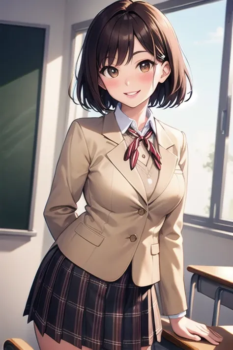 Best quality, high resolution, detailed, beautiful, schoolgirl, brown hair, short hair, hairpin in bangs, big brown eyes, light colored lips, smiling, blushing, school uniform of beige blazer, brown tartan skirt, red striped ribbon around neck, hands folde...