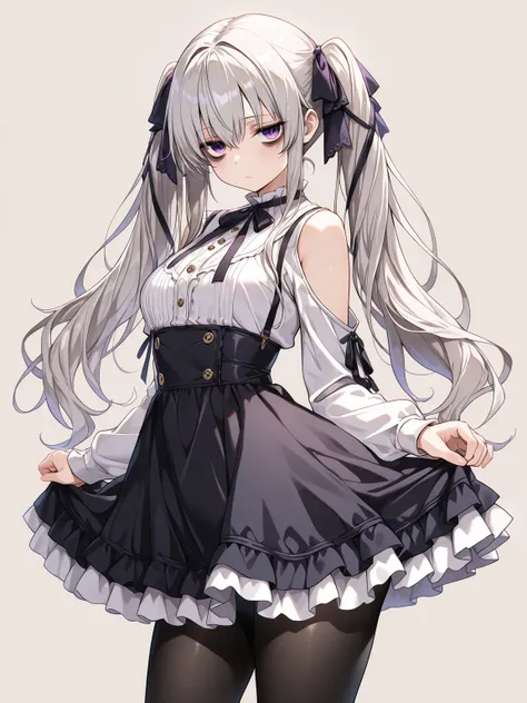 ((masterpiece, best quality, extremely detailed)), 1girl, silver hair, long hair, twintails, purple eyes, bags under eyes, hair ribbon, frilled dress, shoulder cutout, frills, black pantyhose,, looking at viewer, simple background, 