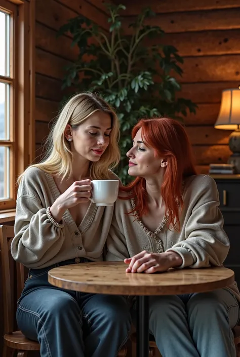 Rough-cheeked blonde girl of approximately 20 years old drinking naked coffee in her wooden house in Russia, with her red-haired friend playing with her naked fingers 