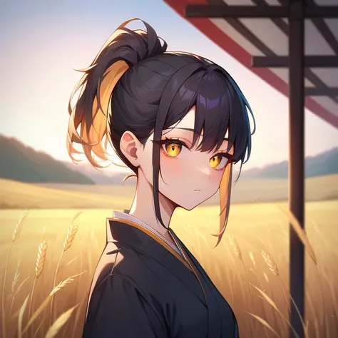 A girl in a kimono with a vague look is waist-high in a wheat field, a black kimono with gold edges, her hair is tied in a ponytail,  yellow eyes , the sunset is reflected in your eyes, the light falls on your face,  Half side to camera