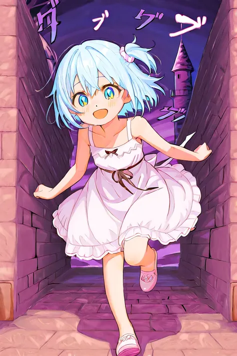 The full body of a cute anime girl with light blue hair and eyes. She is around s. She is wearing a white dress. She is smiling. Sweet and cute . Her eyes are a little bit bigger and her hair is running down her arms in a menacing scene. She has a castle b...