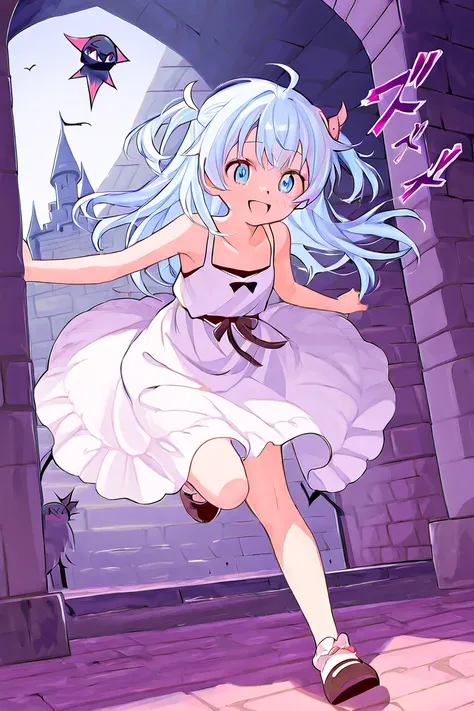 The full body of a cute anime girl with light blue hair and eyes. She is around s. She is wearing a white dress. She is smiling. Sweet and cute . Her eyes are a little bit bigger and her hair is running down her arms in a menacing scene. She has a castle b...