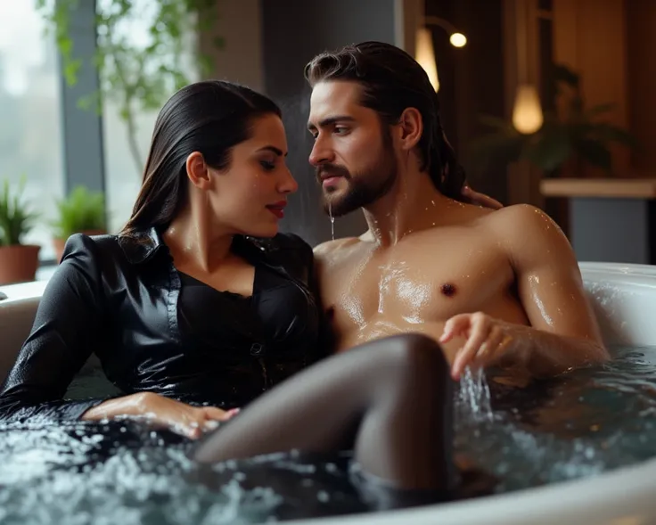 secretary,  dressed in a business suit ,  dark tights , blouse is relaxing with her naked boss in the jacuzzi,  soaked in oil,  wet through and through, 