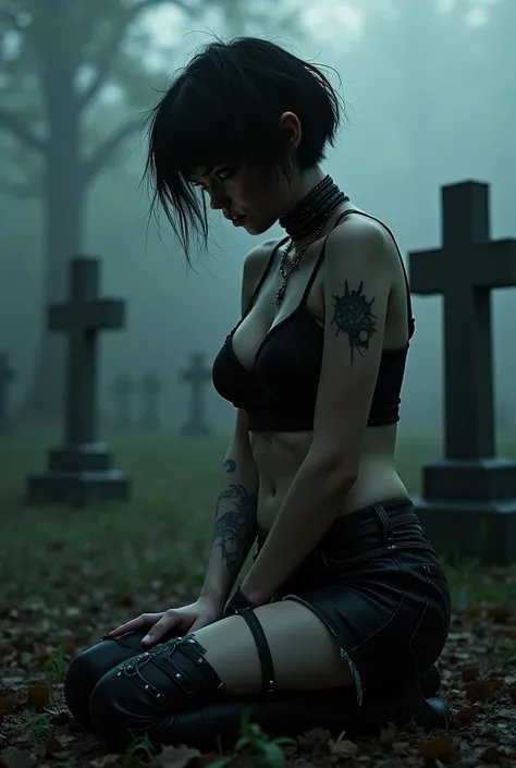 Sexy woman 33 years old STYLE emo skinny 1m70 chest 95d short hair disheveling clothes biker girls SEXY on the knees cry enormously sad unhappy at the knee in front of graveyard , , photo reel