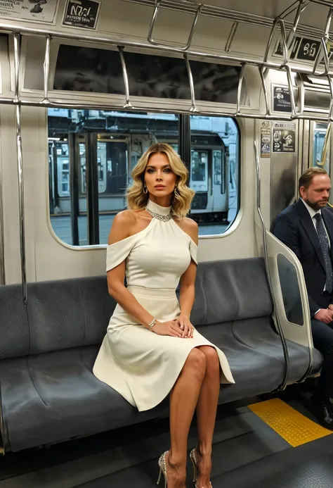 Scandinavian, A full-body portrait of a beautiful woman sitting on a train seat, sitting in a good posture, a luxury handbag, long pencil skirt, looking at viewer with disdainful glance, very detailed face, Disgusting expression, detailed lips, detailed ey...