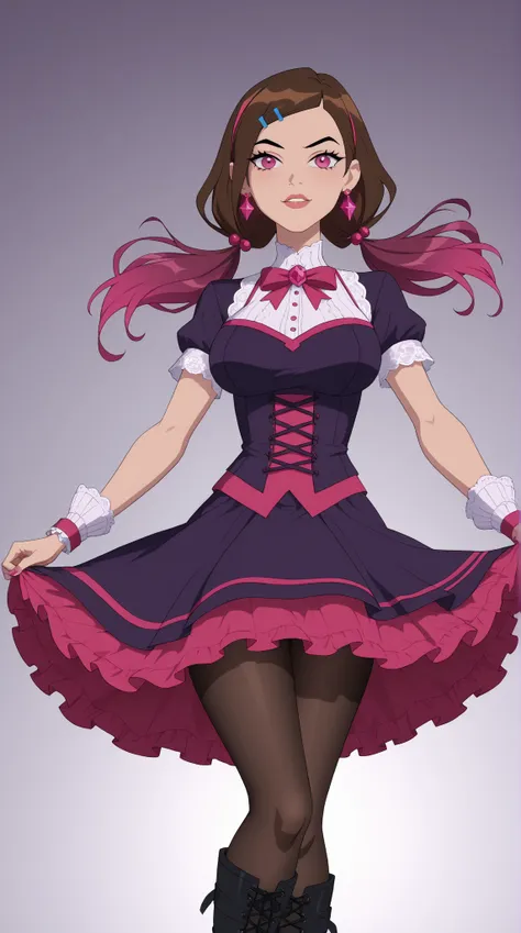 Margaret "Meg" Tennyson (Meg 23)

Theme Color: Dark Magenta

Hairstyle: Long, wavy dark brown hair with deep magenta streaks, tied back with a sleek black headband

Eye Color: Dark reddish-magenta

Hair Color: Dark brown with rich magenta undertones

Skin ...