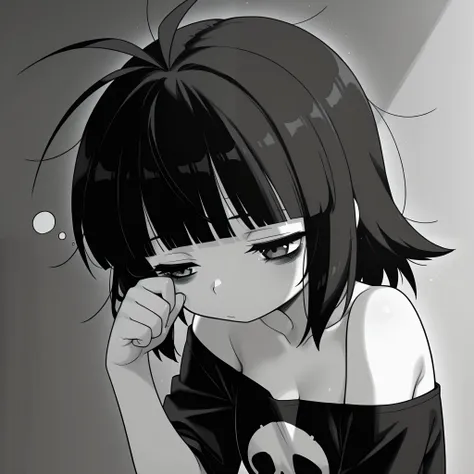 masterpiece, best quality, amazing quality, anime screencap. BREAK. 1girl, monochrome, solo, greyscale, sleepy, off shoulder, short hair, shirt, bags under eyes, t-shirt, skull print, waking up, bare shoulders, off-shoulder shirt, upper body, blunt bangs, ...