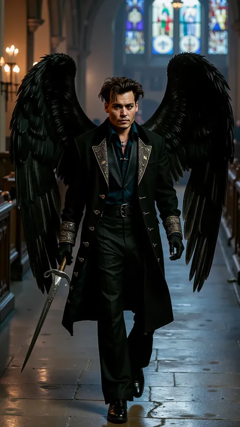 Johnny Depp reimagined as a Fallen Angel with huge black angel wings with detailed feathers walking and holding a dagger､dramatic atmosphere, 1 male

Has short, tousled dark brown hair with subtle silver streaks, framing his sharp cheekbones and defined ja...