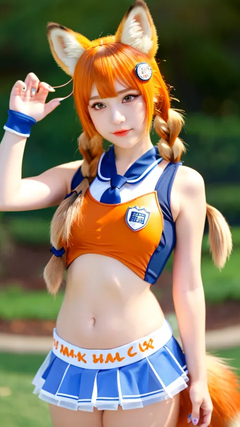 1girl, age, (animal ears), straight-on, full body, looking at viewer, hair between eyes, hair ornament, orange hair, twin braids, fox tail, (multiple tails:1.3), badge, bangs, (blue baseball cap:1.2), (school swimsuit :1.05), solo, (light blush:0.9),rocky ...