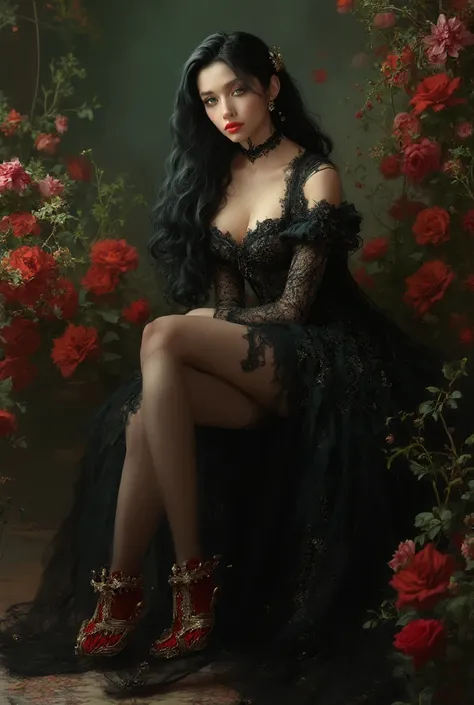  Create a beautiful woman, green eyes, detailed lashes and eyebrows, red mouth, long curly black hair, a jewel ornament in her hair, wearing a black Victorian style dress with lace and gold thread, legs with black lace stockings, wearing a pair of shoes hi...