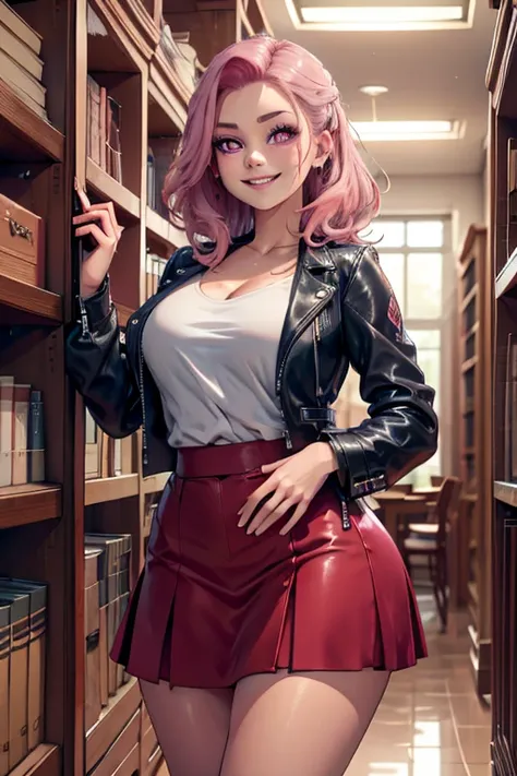 Perfect face. Perfect hands. A pink haired woman with violet eyes with an hourglass figure in a cool leather jacket and skirt is holding a scythe with a big smile in a library
