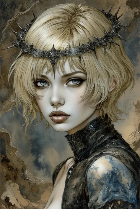 Blonde short hair, blue eyes, hyperrealistic porcelain texture, dramatic black eyeshadow, dark surreal aesthetic, gothic dreamlike atmosphere, smooth skin, artistic haunting style. A crown of metal thorns on the head.
The textures are finely detailed, from...