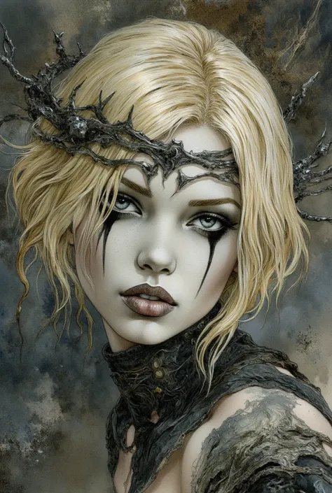 Blonde short hair, blue eyes, hyperrealistic porcelain texture, dramatic black eyeshadow, dark surreal aesthetic, gothic dreamlike atmosphere, smooth skin, artistic haunting style. A crown of metal thorns on the head.
The textures are finely detailed, from...