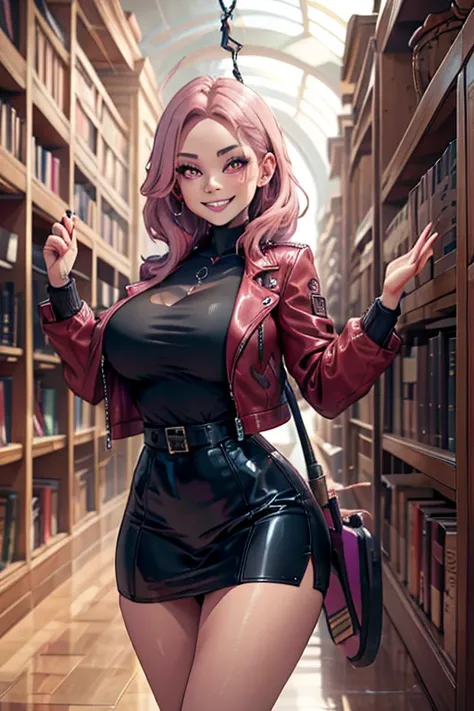 Perfect face. Perfect hands. A pink haired woman with violet eyes with an hourglass figure in a cool leather jacket and skirt is holding a scythe with a big smile in a library
