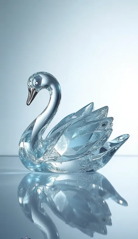  A realistic swan designed like a Swarovski crystal figurine ,  with translucent facets that reflect light in shades of silver and pale blue.  It floats on a glass surface that reflects its image , with a minimalist and bright background ,  showcasing the ...