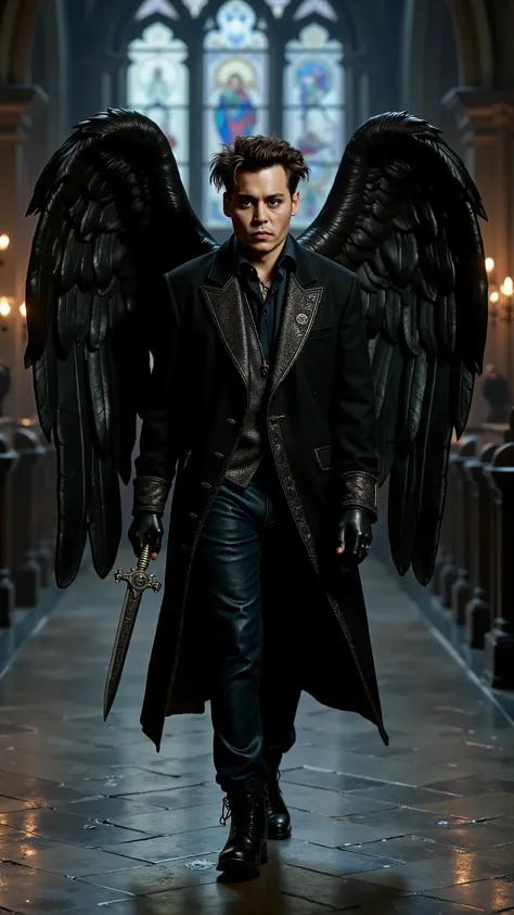 Johnny Depp reimagined as a Fallen Angel with huge black angel wings with detailed feathers walking and holding a dagger、dramatic atmosphere, 1 male
Has short, tousled dark brown hair with subtle silver streaks, framing his sharp cheekbones and defined ja...