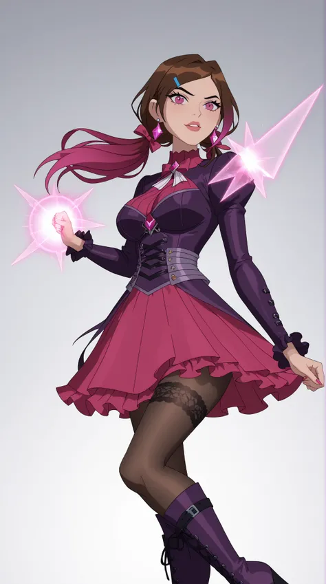 Margaret "Meg" Tennyson (Meg 23)

Theme Color: Dark Magenta

Hairstyle: Long, wavy dark brown hair with deep magenta streaks, tied back with a sleek black headband

Eye Color: Dark reddish-magenta

Hair Color: Dark brown with rich magenta undertones

Skin ...