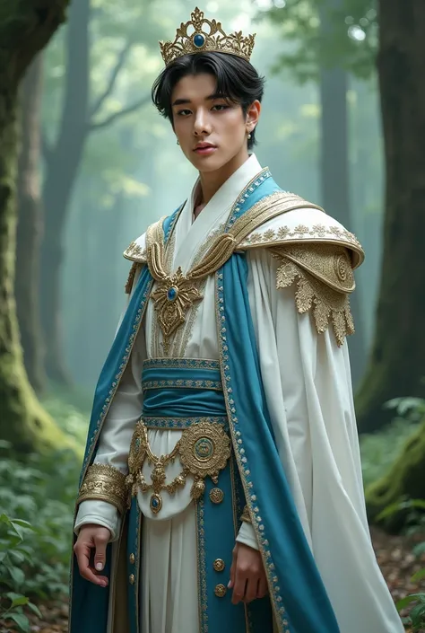  A gorgeous, Jake from enhypen features prince wearing a blue and white prince clothes in the woods