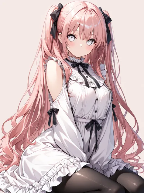 ((masterpiece, best quality, extremely detailed)), 1girl, soft pink hair, long hair, white eyes, hair ribbon, hair bow, frilled dress, shoulder cutout, frills, black pantyhose,, looking at viewer, simple background, 