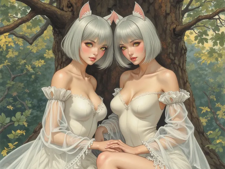 Detailed proportions and textures and multi-color with airbrushed brush strokes that presents a semi-realistic illustration in Chinese ink a gemini twins (full body with shy and sex pose, evil look, bright yellow eyes, perfect face, full lips, round and hu...