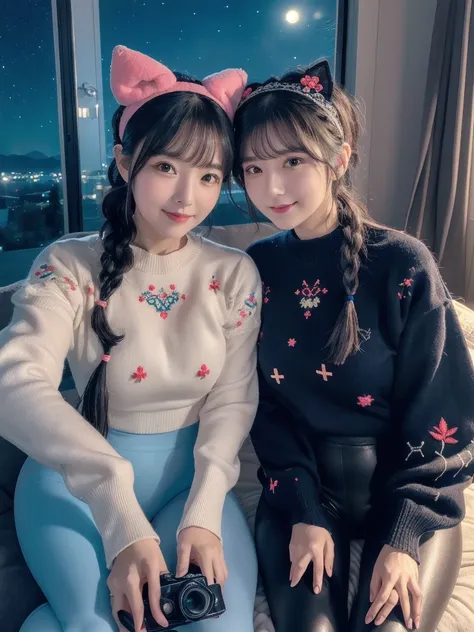 (( Masterpiece)) (( Top Quality)). Two women .(Night Sky. starry sky). (8k)  Inside room. winter. Neon Camisole.Sit Line Up.(( selfie)) Heart neon. Cute stuffed toy .Lace (Detailed embroidery pattern) headband cat.((Camera angle close to that of a smartpho...