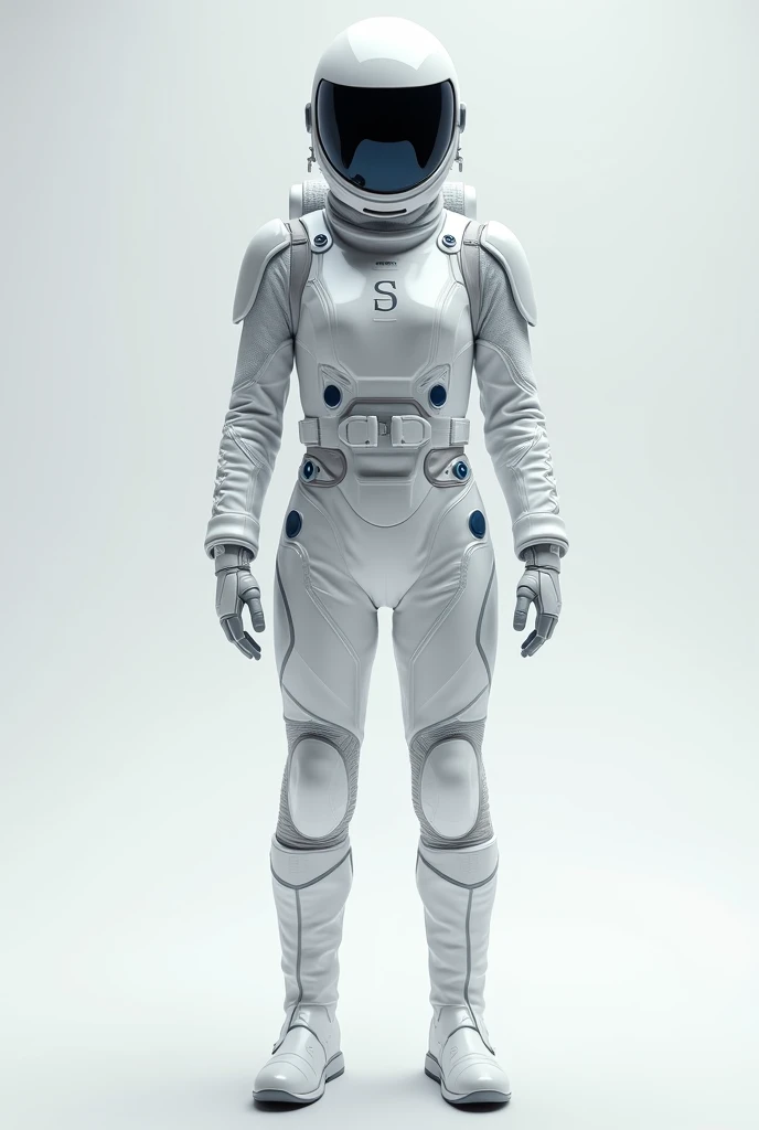 A sleek, futuristic space suit designed for outdoor missions and planetary exploration, featuring a clean and welcoming design in white. The primary color of the suit is bright white with subtle silver and blue accents, giving it a professional and polishe...