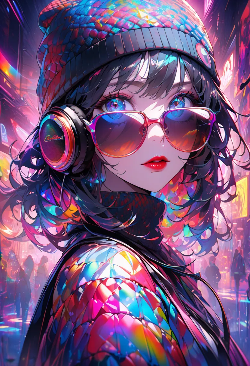 ultra detailed, absolutely resolution, masterpiece.  
psychedelic pop portrait of beautiful woman, wearing knitted hat, sunglasses, headphones, red lips, iridescent light reflected by a prism, neon lights. 
artistically and beautifully wonderland worldview...