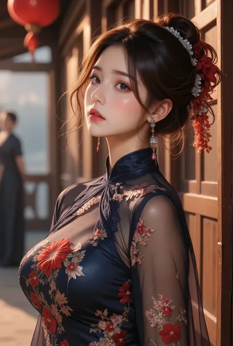  RAW photos , ( random shot,  whole body fits in frame ,  side view focus,  Dutch angle), ((ASIAN ADULT WOMEN , One person,) ( traditional Chinese costume ,   dress, Dark Navy,  long length,  elegant , embroidery, Decoration,  charming,)  random poses whil...