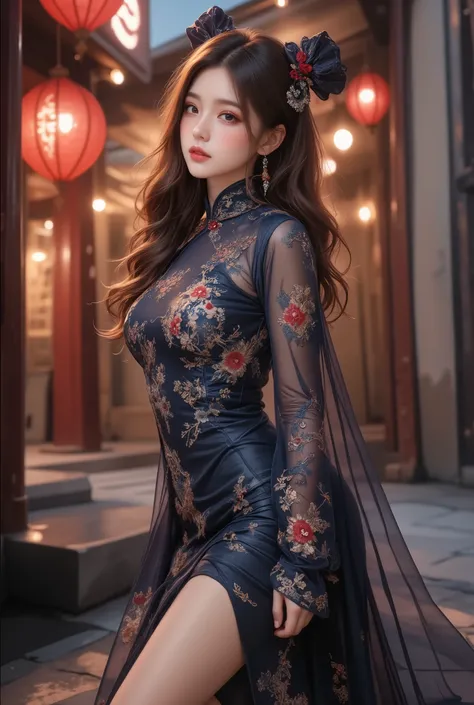  RAW photos , ( random shot,  whole body fits in frame ,  side view focus,  Dutch angle), ((ASIAN ADULT WOMEN , One person,) ( traditional Chinese costume ,   dress, Dark Navy,  long length,  elegant , embroidery, Decoration,  charming,)  random poses whil...