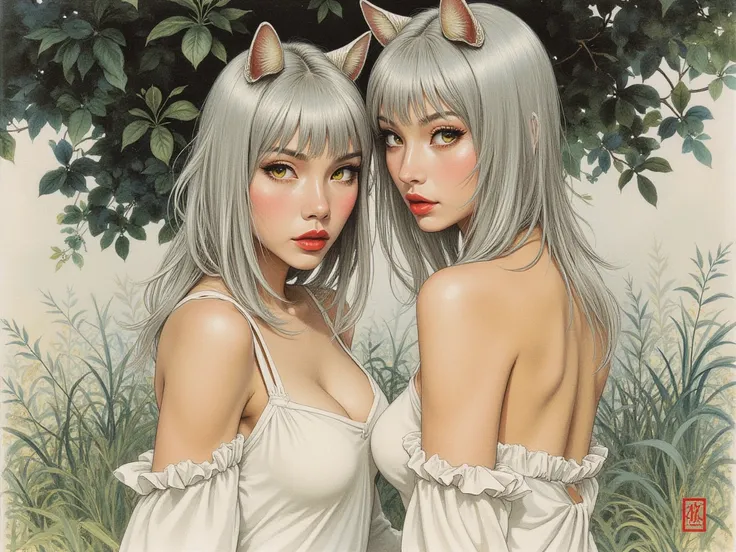 Detailed proportions and textures and multi-color with airbrushed brush strokes that presents a semi-realistic illustration in Chinese ink a gemini twins (full body with shy and sex pose, evil look, bright yellow eyes, perfect face, full lips, round and hu...