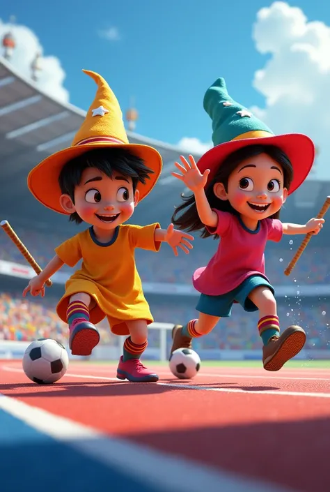 Disney characters joy and fury disguised as wizards, on an athletic track playing soccer, Very colorful for boys and girls