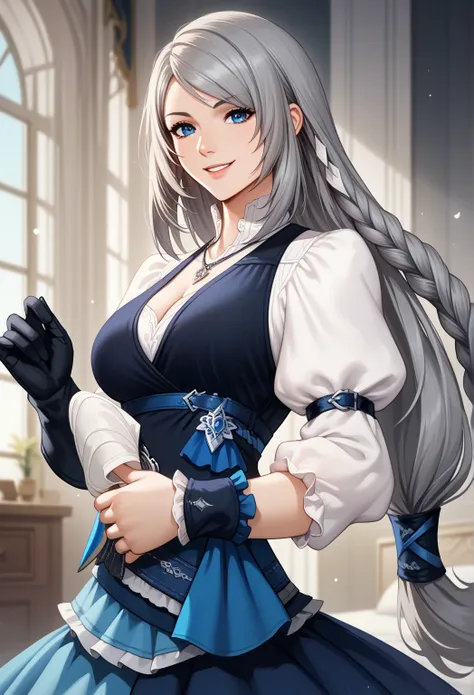  score_9,  score_8_high,  score_7_high, Those_Anime-Series, Alone,  1 girl, Jlwrck,  smile,   looking at you  ,  long hair, grey hair,  single braid ,  side braid,  blue eyes, Dress,  white shirt , necklace, puffy sleeves, blue vest , Blue belt ,  black gl...