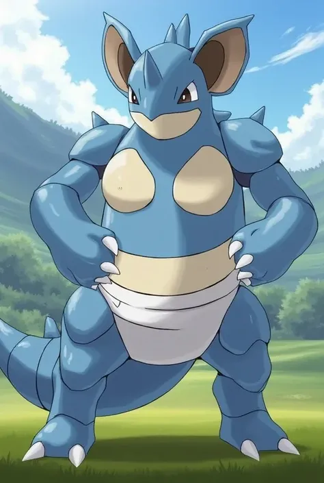 Muscular Nidoqueen wearing a thick diaper, no humans