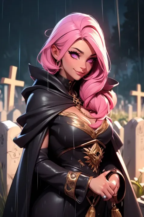 Perfect face. Perfect hands. A pink haired woman with violet eyes with an hourglass figure in a black cloak is smiling sadly in the cemetery during the rain