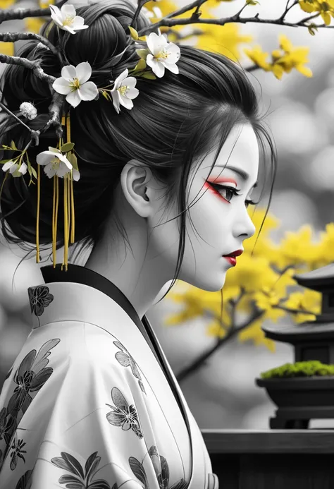 Black and white sketch of a close-up image of the profile face of a Japanese kabuki theater actress, white foundation on her face, SHIRONURI, straight messy hair, wearing a Japanese theater kimono, concentrating, looking down, blurred cherry tree bonsai in...