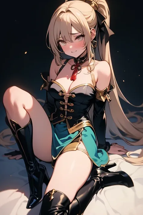  best quality , ( Masterpiece:1.2),  Illustration , absurdities,
(1 ,  alone), (linda garota detalhada), (:0.4), 
Wang Yuanji,  blonde hair,  ponytail,  brown eyes,  big boobs, 
aqua dress,  ornate dress ,  cleavage,  navy blue skirt ,  black thigh boots ,...