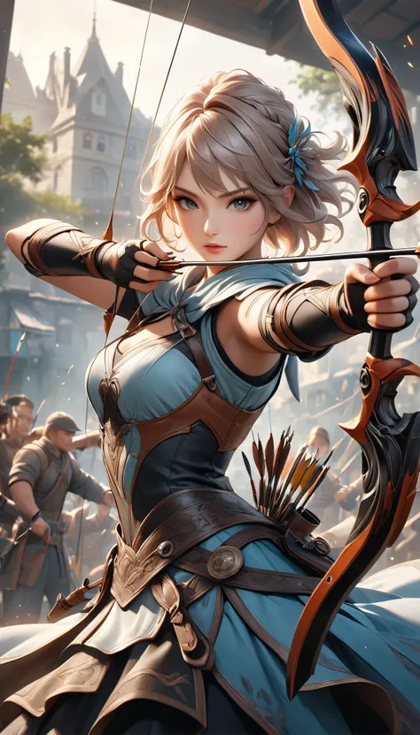 Fusing various styles to create a new style, Combining various techniques to create delicate and bold compositions, An attractive archer, Shoot something unexpected with your bow, Shoot it at the audience, dynamic shot, ankle in the frame, Detailed and rea...