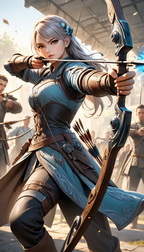 Fusing various styles to create a new style, Combining various techniques to create delicate and bold compositions, An attractive archer, Shoot something unexpected with your bow, Shoot it at the audience, dynamic shot, ankle in the frame, Detailed and rea...
