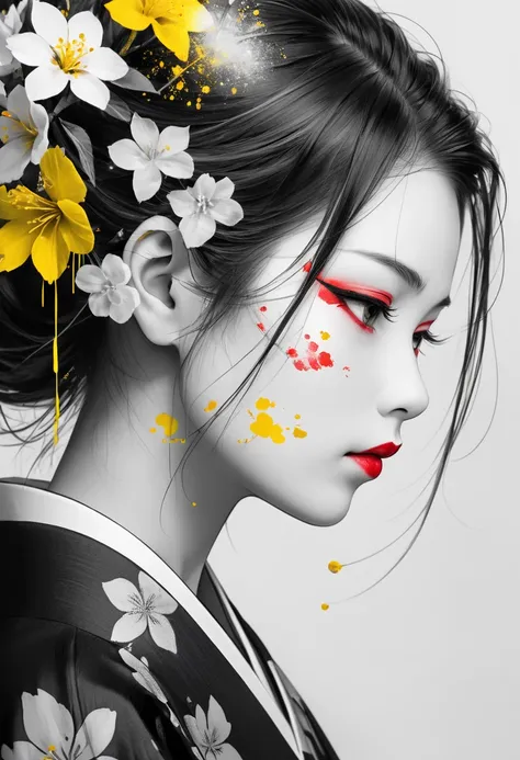 Black and white sketch of a close-up image of the profile face of a Japanese kabuki theater actress, white foundation on her face, SHIRONURI, straight messy hair, wearing a Japanese theater kimono, concentrating, looking down, double exposure of cherry flo...