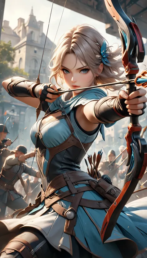 Fusing various styles to create a new style, Combining various techniques to create delicate and bold compositions, An attractive archer, Shoot something unexpected with your bow, Shoot it at the audience, dynamic shot, ankle in the frame, Detailed and rea...