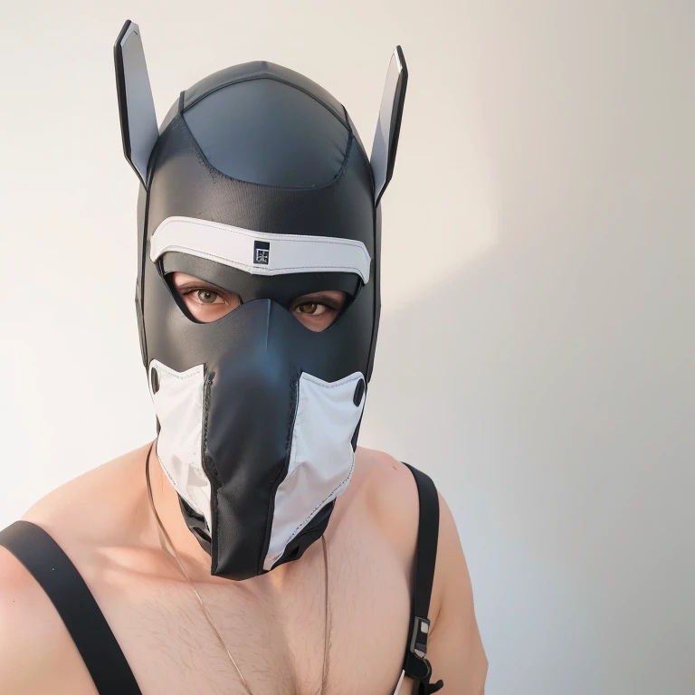 arafed man wearing a black and white mask with ears, wearing all black mempo mask, with a white snout , wearing bandit mask, masked, correct wolf snout, full mask,  wearing cybernetic rabbit ears ,  Wearing a plug suit ,  dark visor that covers the upper p...