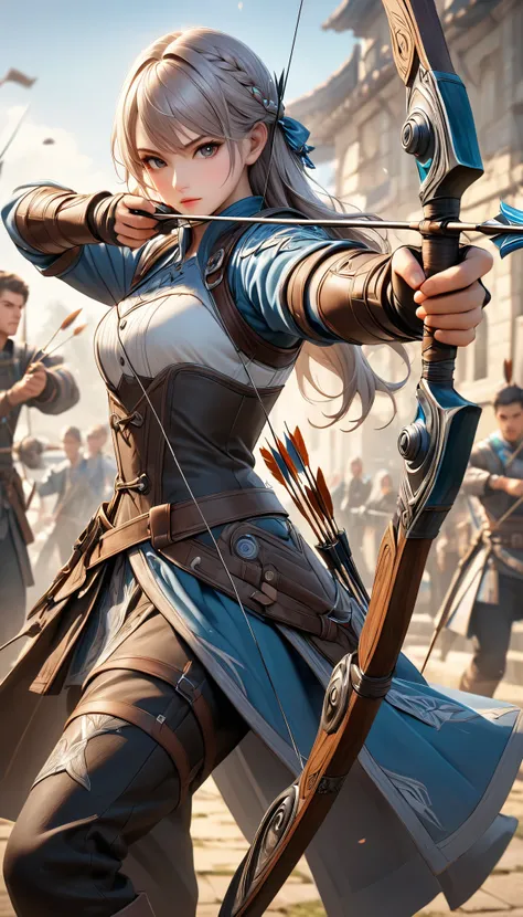 Fusing various styles to create a new style, Combining various techniques to create delicate and bold compositions, An attractive archer, Shoot something unexpected with your bow, Shoot it at the audience, dynamic shot, ankle in the frame, Detailed and rea...