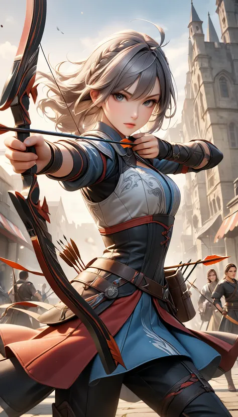 Fusing various styles to create a new style, Combining various techniques to create delicate and bold compositions, An attractive archer, Shoot something unexpected with your bow, Shoot it at the audience, dynamic shot, ankle in the frame, Detailed and rea...