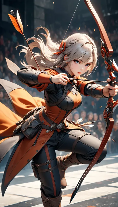 Fusing various styles to create a new style, Combining various techniques to create delicate and bold compositions, An attractive archer, Shoot something unexpected with your bow, Shoot it at the audience, dynamic shot, ankle in the frame, Detailed and rea...